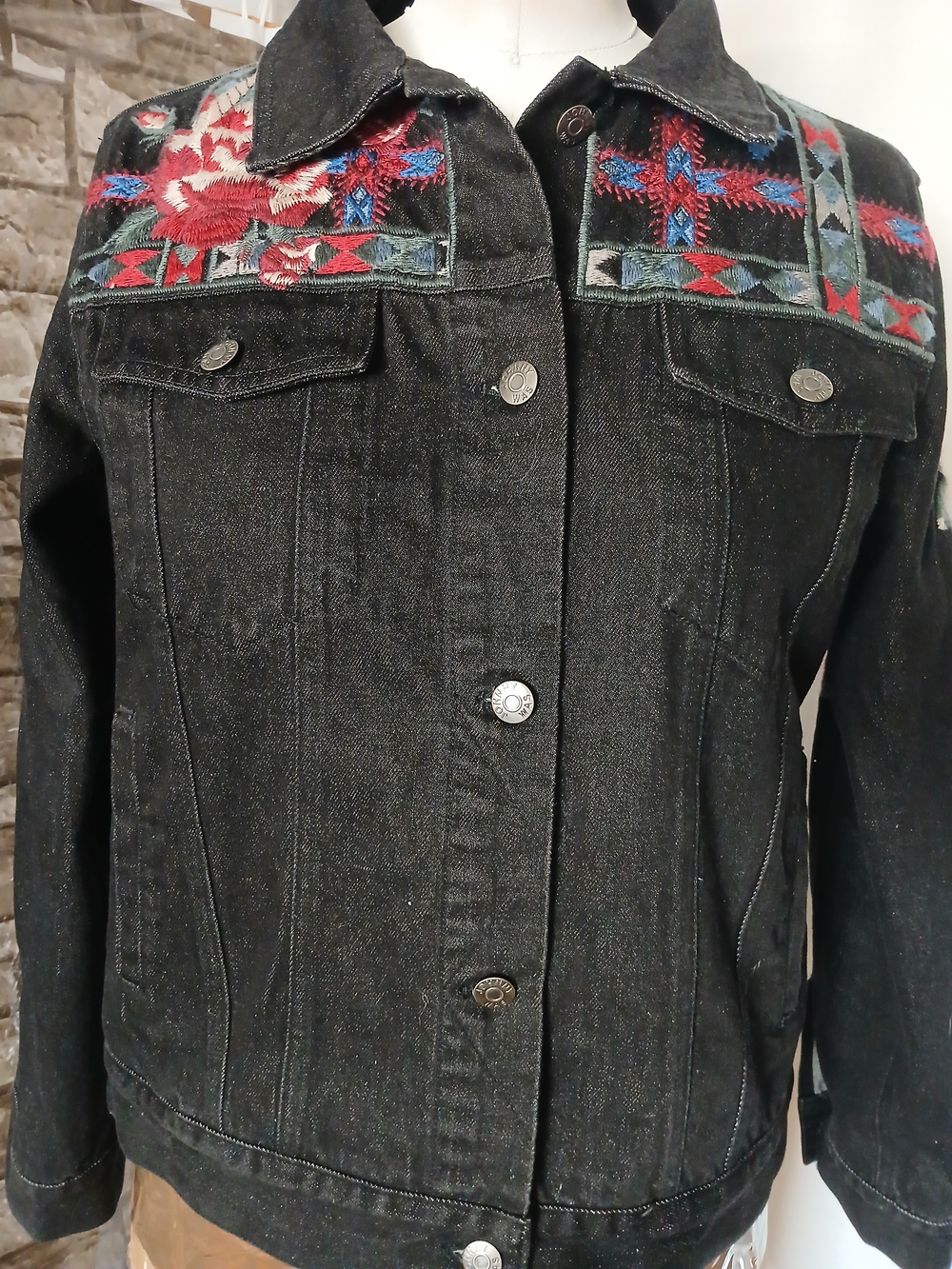 Johnny Was Black Denim Jacket with Red & Blue Embroidery
